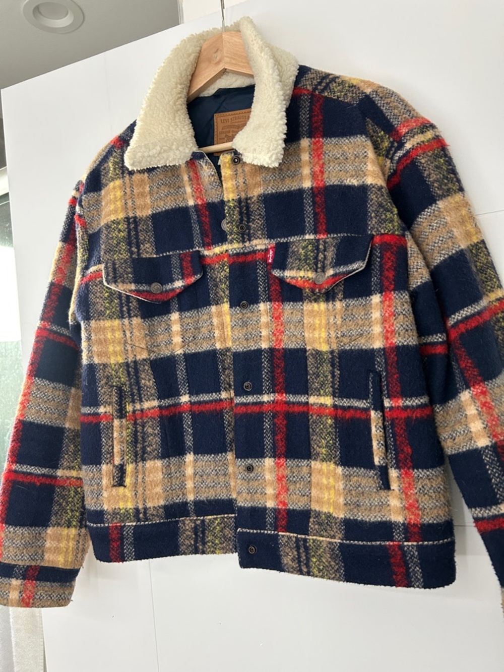 Levi's Plaid Sherpa Collar Jean Jacket - Navy, Red & Tan